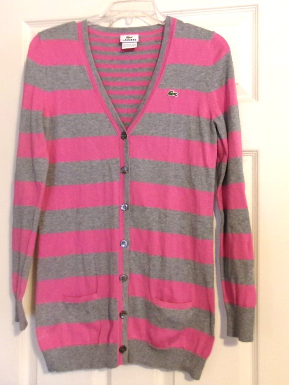 Women's LACOSTE Long Cardigan Sweater in Pink & Gray  Size 38 (Women's 8)